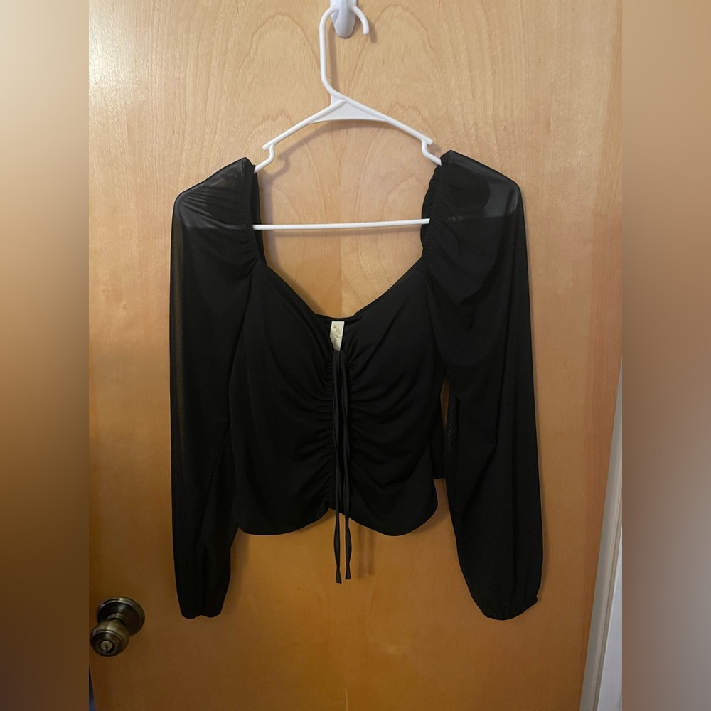 Black cinch top with sheer sleeves